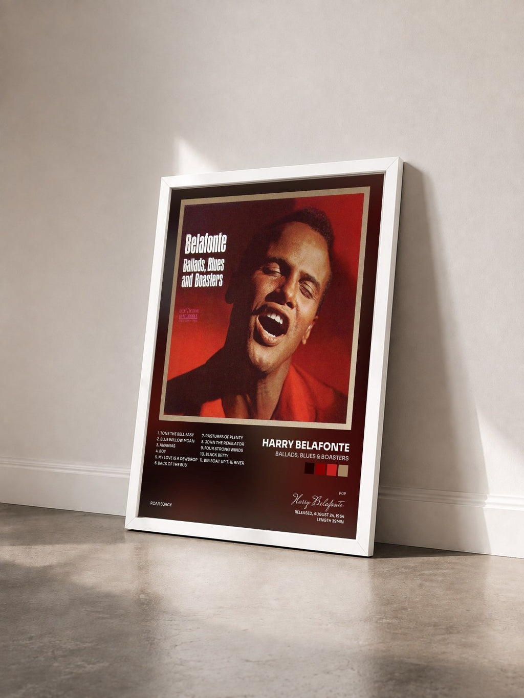 #blanc Tableau de l'album Ballads, Blues & Boasters de Harry Belafonte vu de trois quarts, cadre blanc