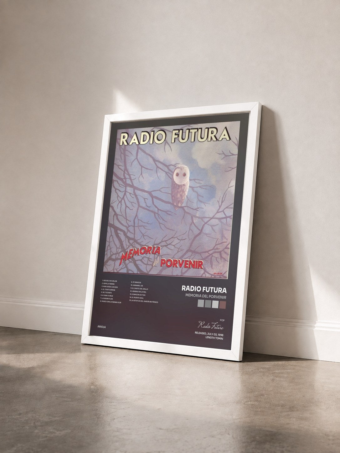 #blanc Tableau de l'album Memoria Del Porvenir de Radio Futura vu de trois quarts, cadre blanc