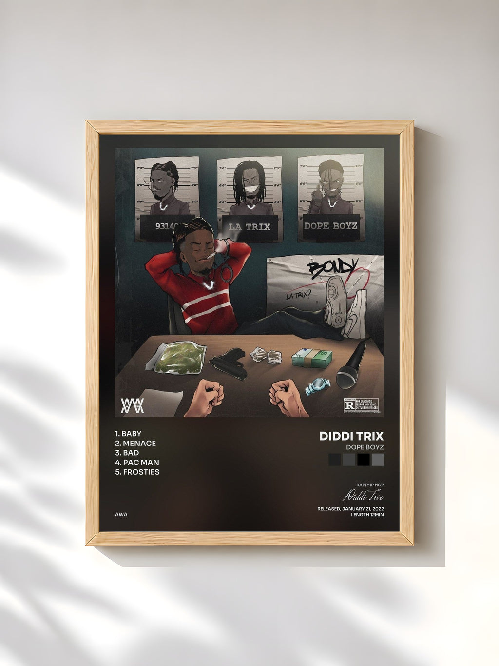 #bois Tableau de l'album Dope Boyz de Diddi Trix, cadre en bois brut, imprimé et encadré en France
