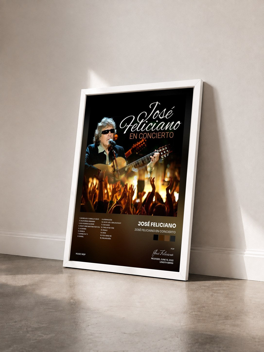 #blanc Tableau de l'album José Feliciano En Concierto de José Feliciano vu de trois quarts, cadre blanc