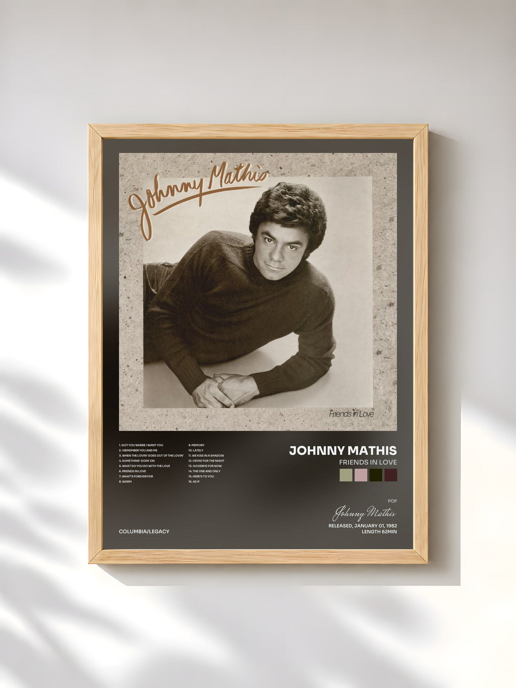 #bois Tableau de l'album Friends In Love de Johnny Mathis, cadre en bois brut, imprimé et encadré en France