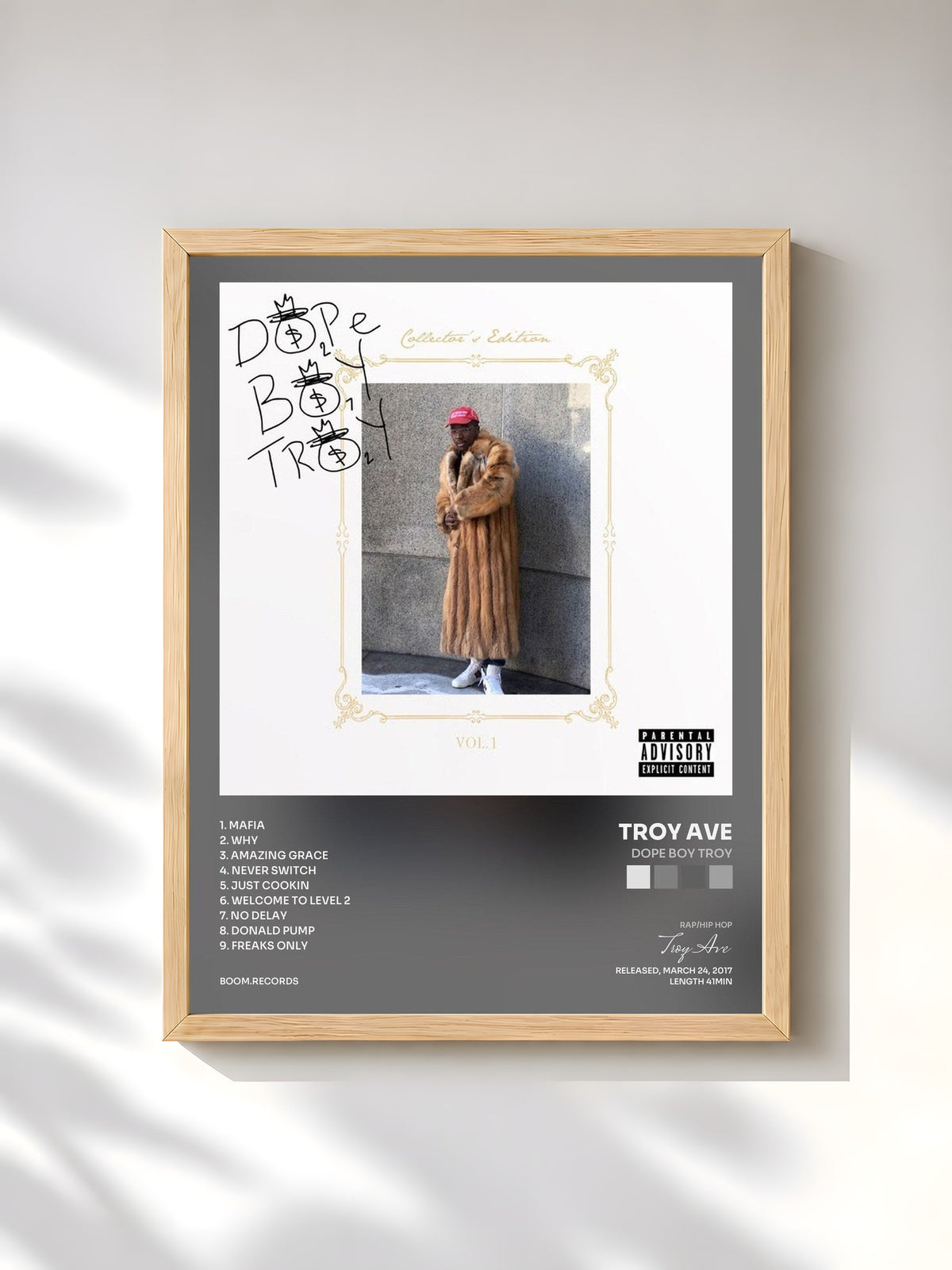 #bois Tableau de l'album Dope Boy Troy de Troy Ave, cadre en bois brut, imprimé et encadré en France