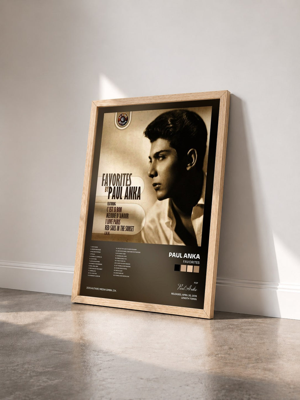 #bois Tableau de l'album Favorites de Paul Anka vu de trois quarts, cadre en bois brut
