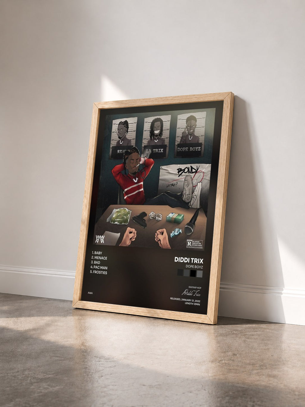 #bois Tableau de l'album Dope Boyz de Diddi Trix vu de trois quarts, cadre en bois brut