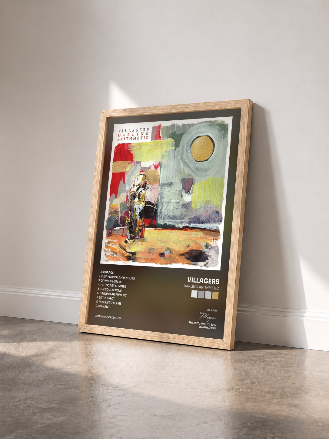 #bois Tableau de l'album Darling Arithmetic de Villagers vu de trois quarts, cadre en bois brut