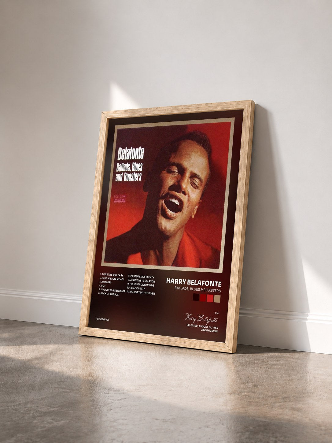 #bois Tableau de l'album Ballads, Blues & Boasters de Harry Belafonte vu de trois quarts, cadre en bois brut