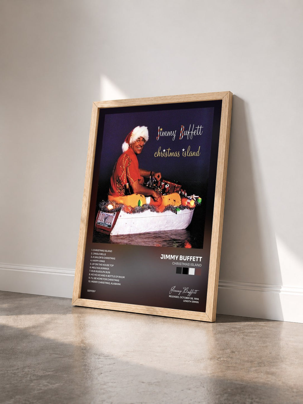#bois Tableau de l'album Christmas Island de Jimmy Buffett vu de trois quarts, cadre en bois brut