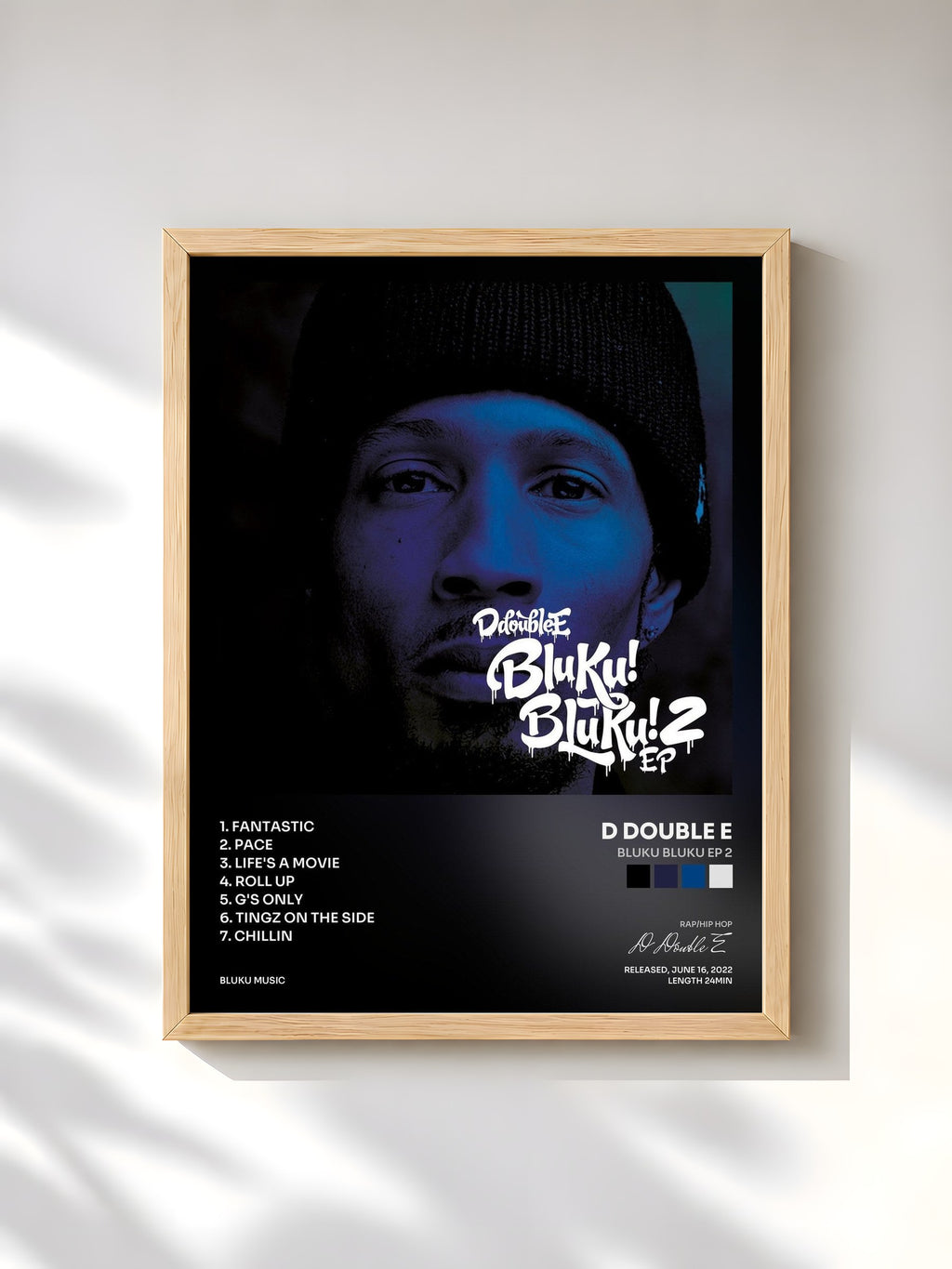 #bois Tableau de l'album Bluku Bluku EP 2 de D Double E, cadre en bois brut, imprimé et encadré en France