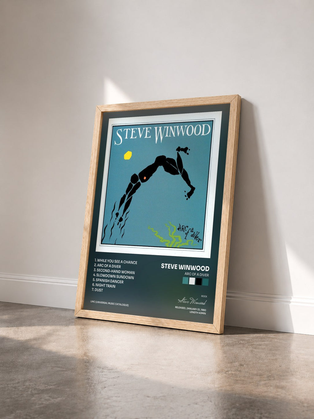 #bois Tableau de l'album Arc Of A Diver de Steve Winwood vu de trois quarts, cadre en bois brut