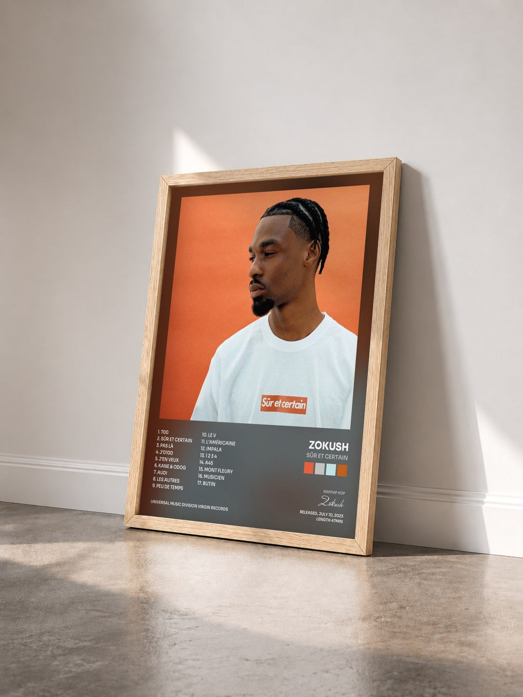 #bois Tableau de l'album SÛR ET CERTAIN de Zokush vu de trois quarts, cadre en bois brut