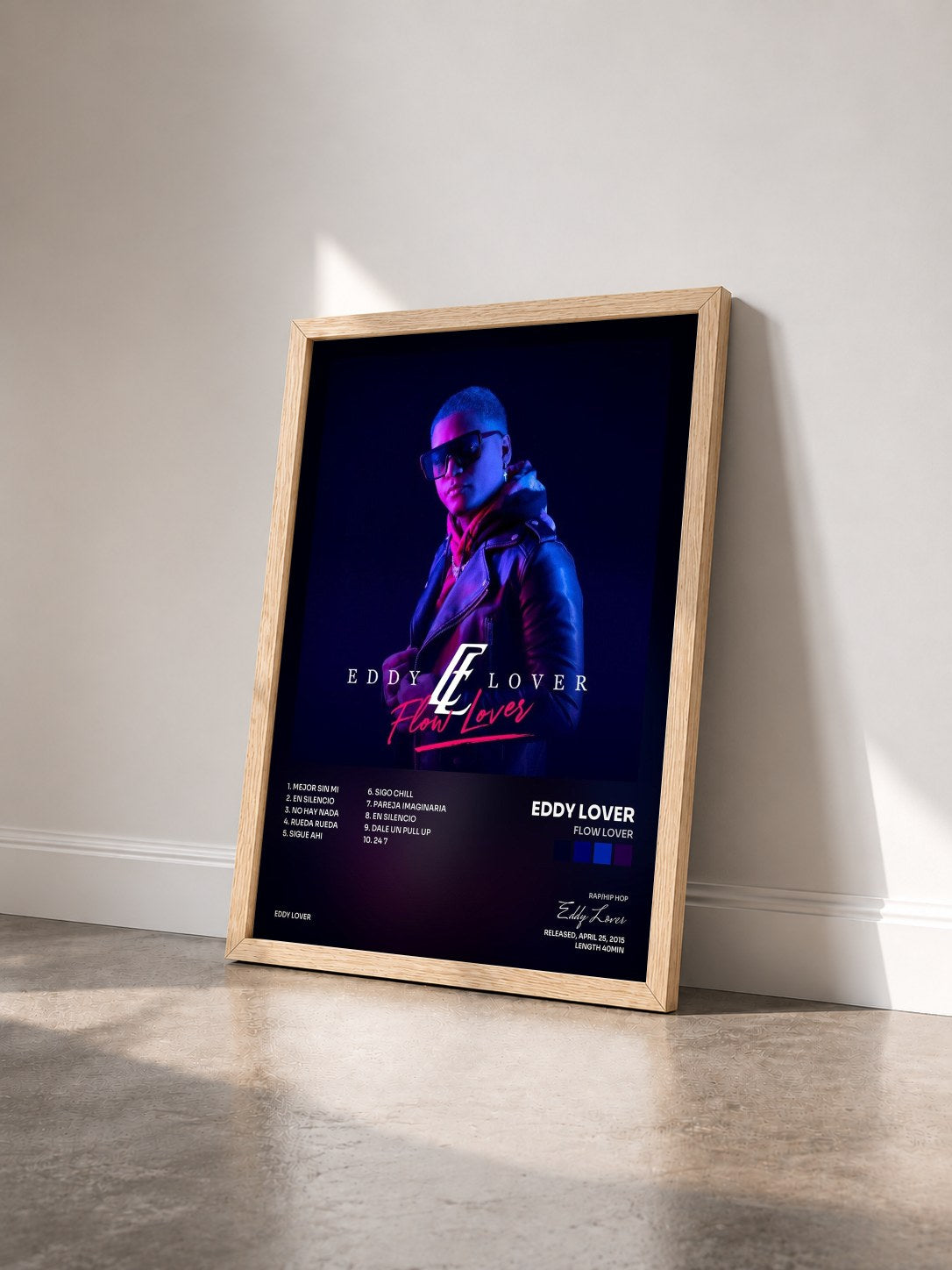 #bois Tableau de l'album Flow Lover de Eddy Lover vu de trois quarts, cadre en bois brut