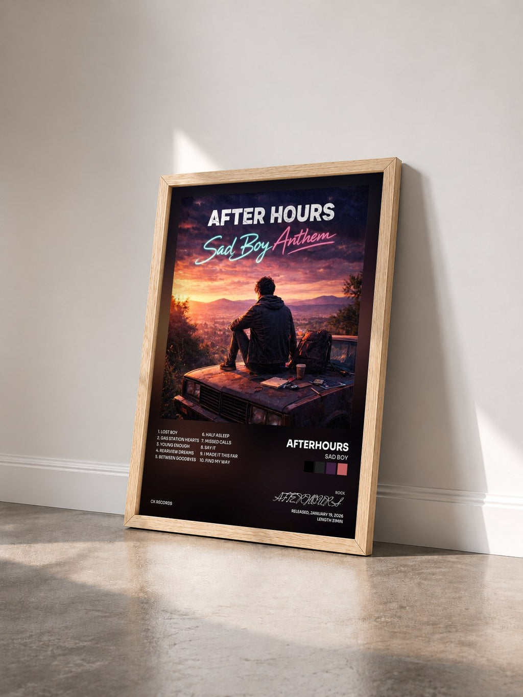 #bois Tableau de l'album Sad Boy de AFTERHOURS vu de trois quarts, cadre en bois brut
