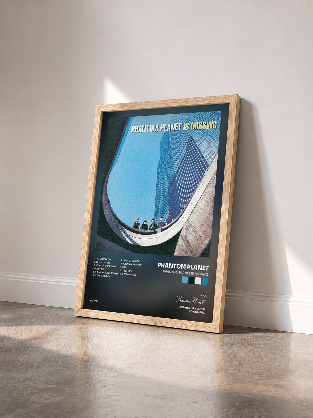 #bois Tableau de l'album Phantom Planet Is Missing de Phantom Planet vu de trois quarts, cadre en bois brut