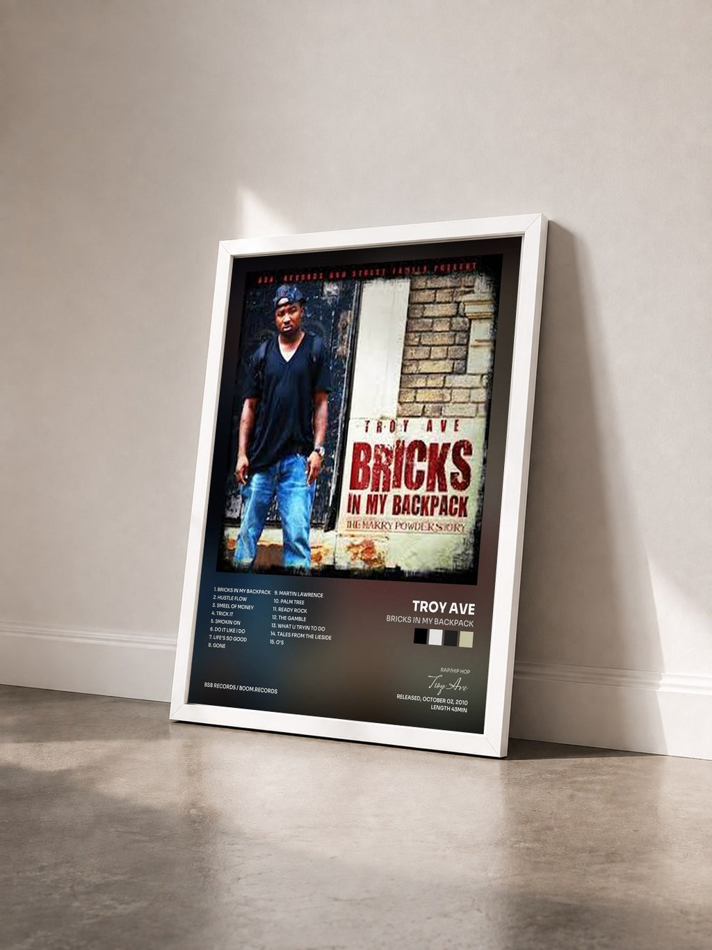 #blanc Tableau de l'album Bricks In My Backpack de Troy Ave vu de trois quarts, cadre blanc