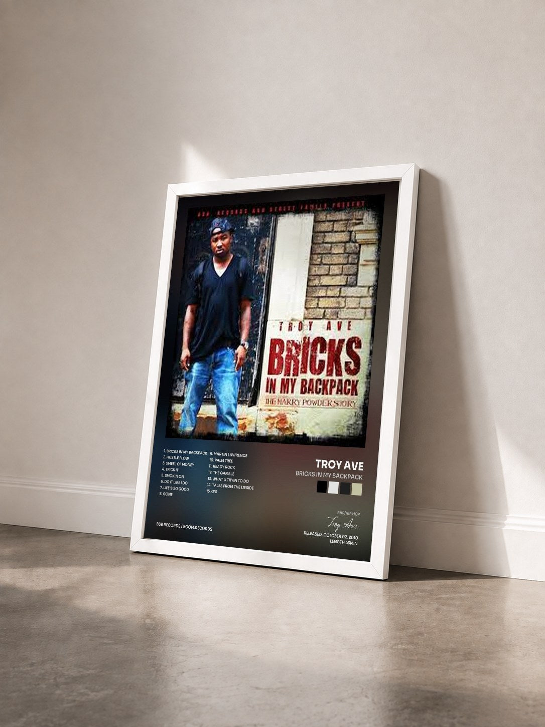 #blanc Tableau de l'album Bricks In My Backpack de Troy Ave vu de trois quarts, cadre blanc