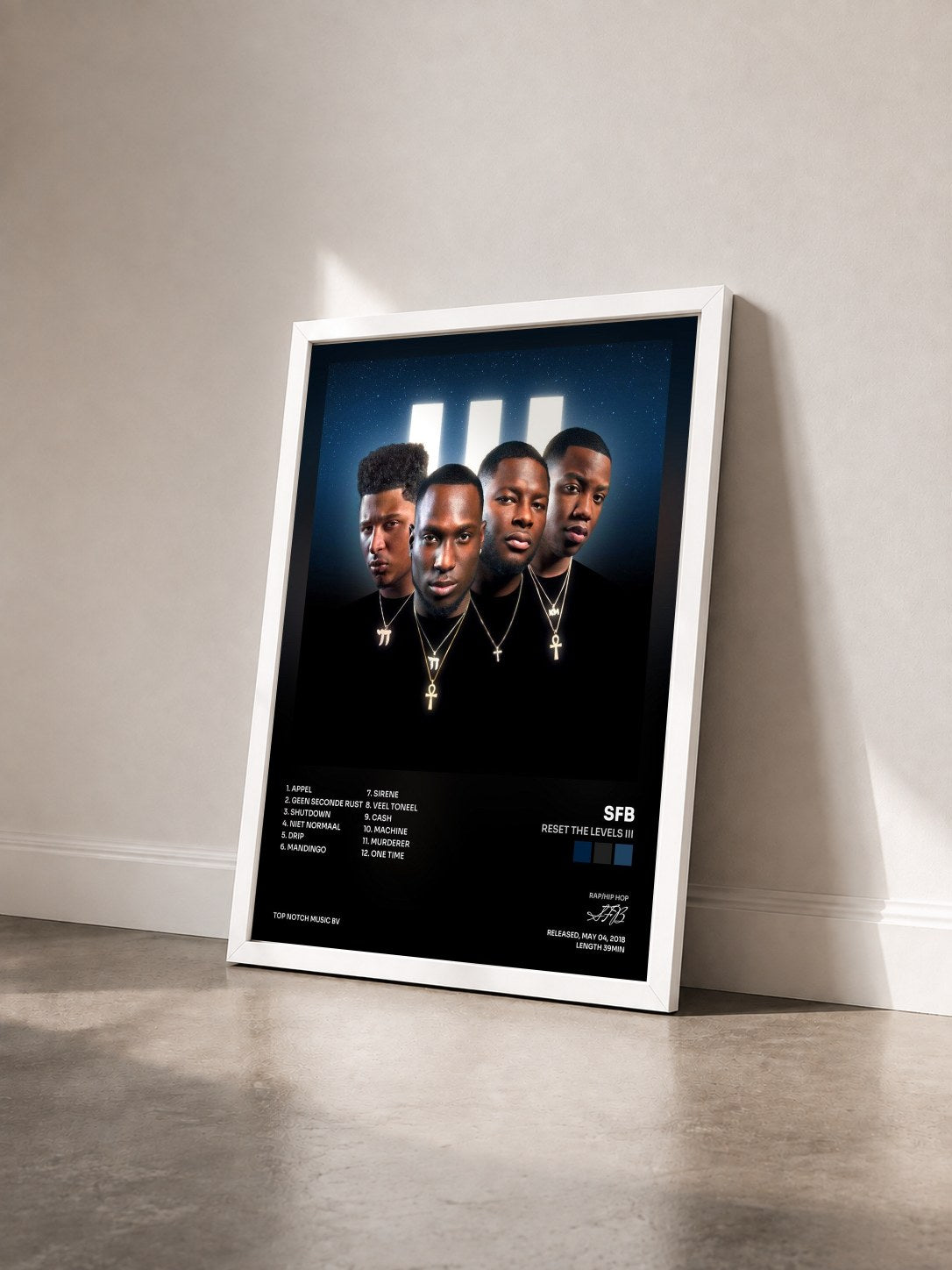#blanc Tableau de l'album Reset The Levels III de SFB vu de trois quarts, cadre blanc