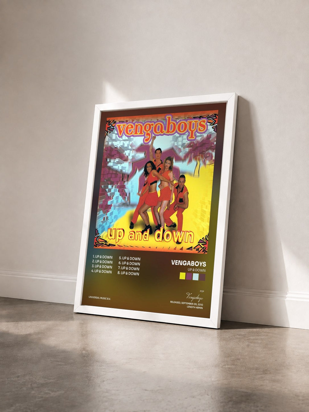 #blanc Tableau de l'album Up & Down de Vengaboys vu de trois quarts, cadre blanc
