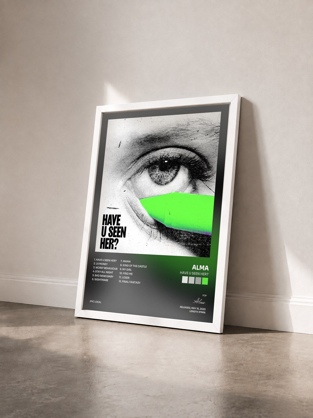 #blanc Tableau de l'album Have U Seen Her? de Alma vu de trois quarts, cadre blanc