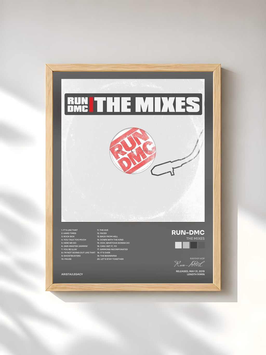 #bois Tableau de l'album The Mixes de Run-DMC, cadre en bois brut, imprimé et encadré en France