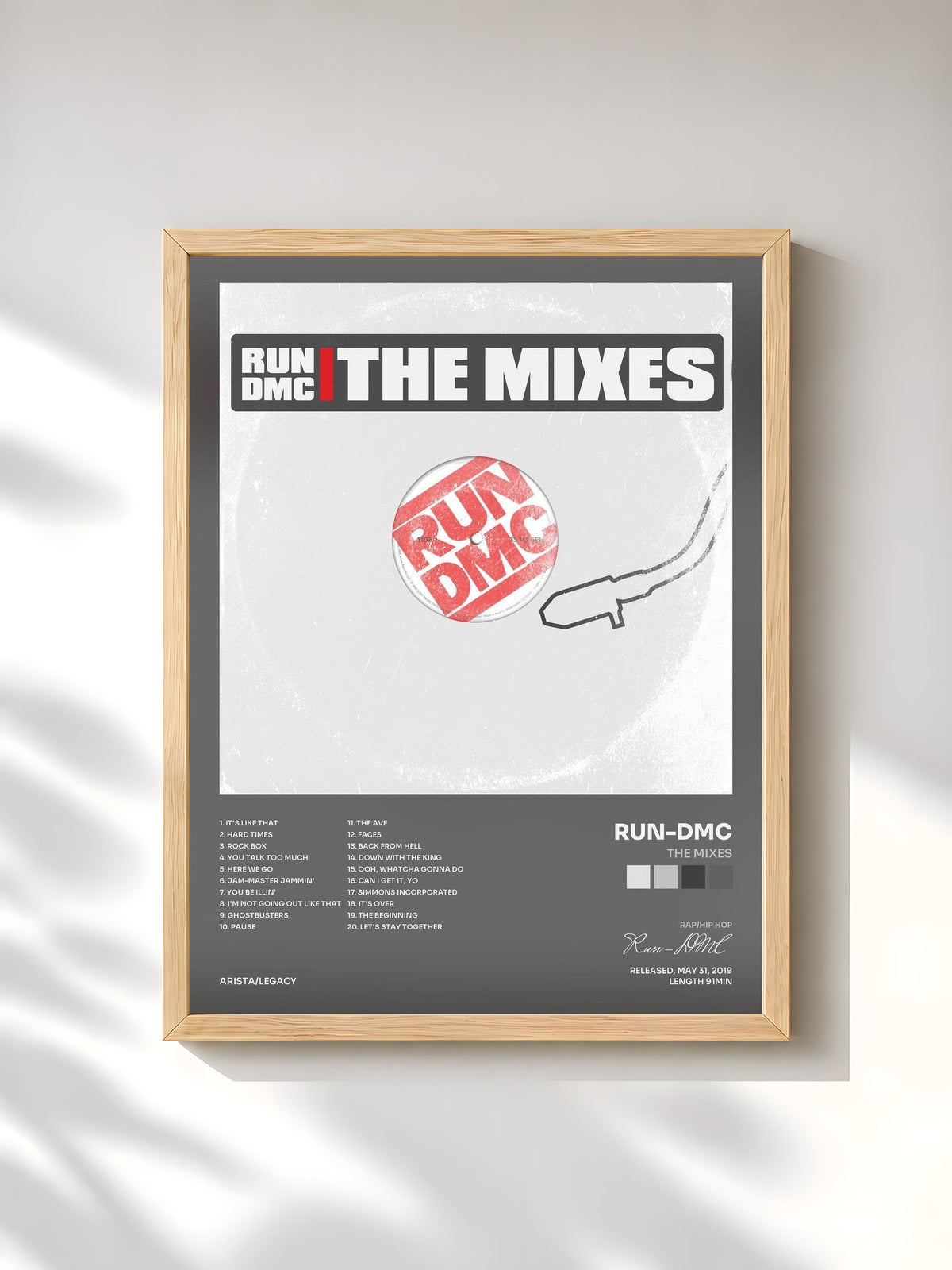 #bois Tableau de l'album The Mixes de Run-DMC, cadre en bois brut, imprimé et encadré en France