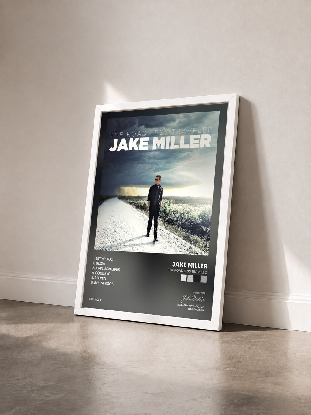 #blanc Tableau de l'album The Road Less Traveled de Jake Miller vu de trois quarts, cadre blanc