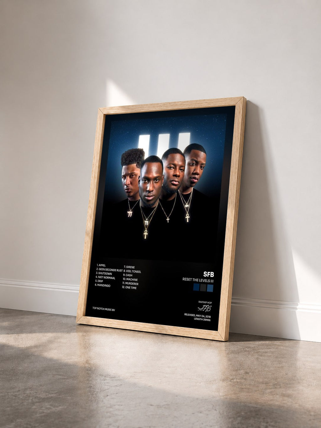 #bois Tableau de l'album Reset The Levels III de SFB vu de trois quarts, cadre en bois brut