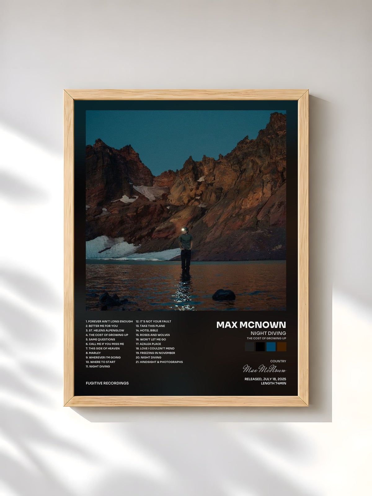 #bois Tableau de l'album Night Diving (The Cost of Growing Up) de Max McNown, cadre en bois brut, imprimé et encadré en France