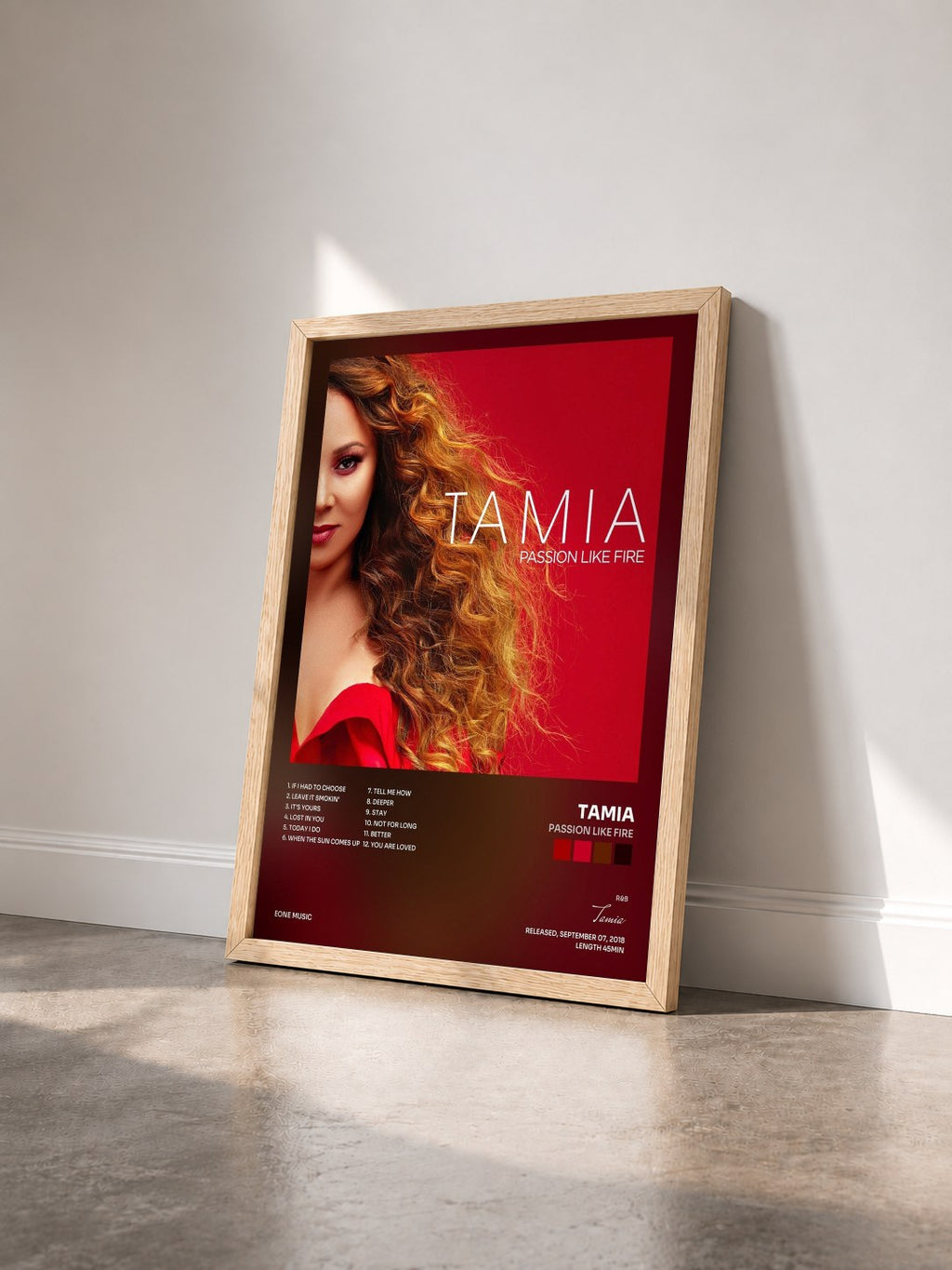#bois Tableau de l'album Passion Like Fire de Tamia vu de trois quarts, cadre en bois brut