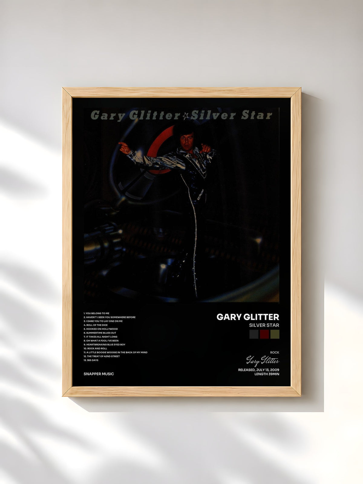 #bois Tableau de l'album Silver Star de Gary Glitter, cadre en bois brut, imprimé et encadré en France