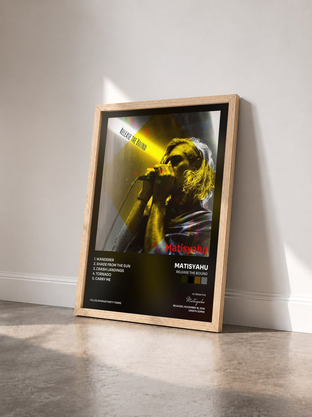#bois Tableau de l'album Release the Bound de Matisyahu vu de trois quarts, cadre en bois brut