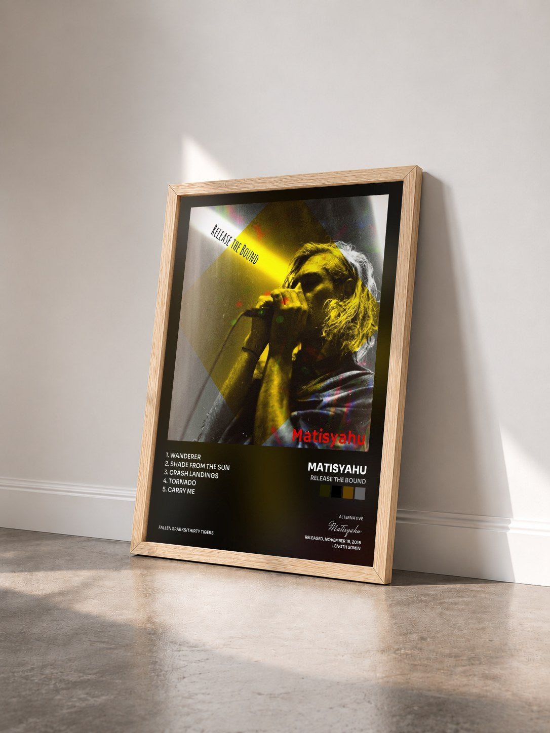 #bois Tableau de l'album Release the Bound de Matisyahu vu de trois quarts, cadre en bois brut