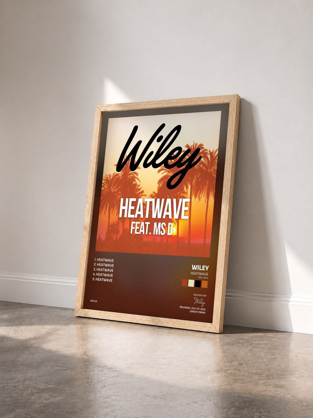 #bois Tableau de l'album Heatwave (feat. Ms D) de Wiley vu de trois quarts, cadre en bois brut