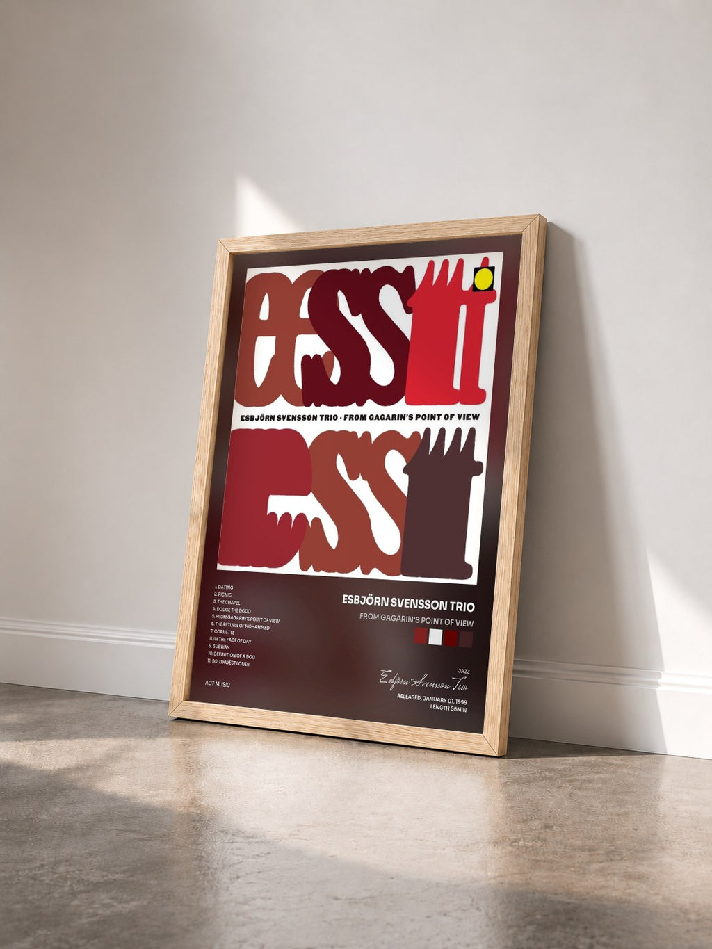 #bois Tableau de l'album From Gagarin's Point of View de Esbjörn Svensson Trio vu de trois quarts, cadre en bois brut