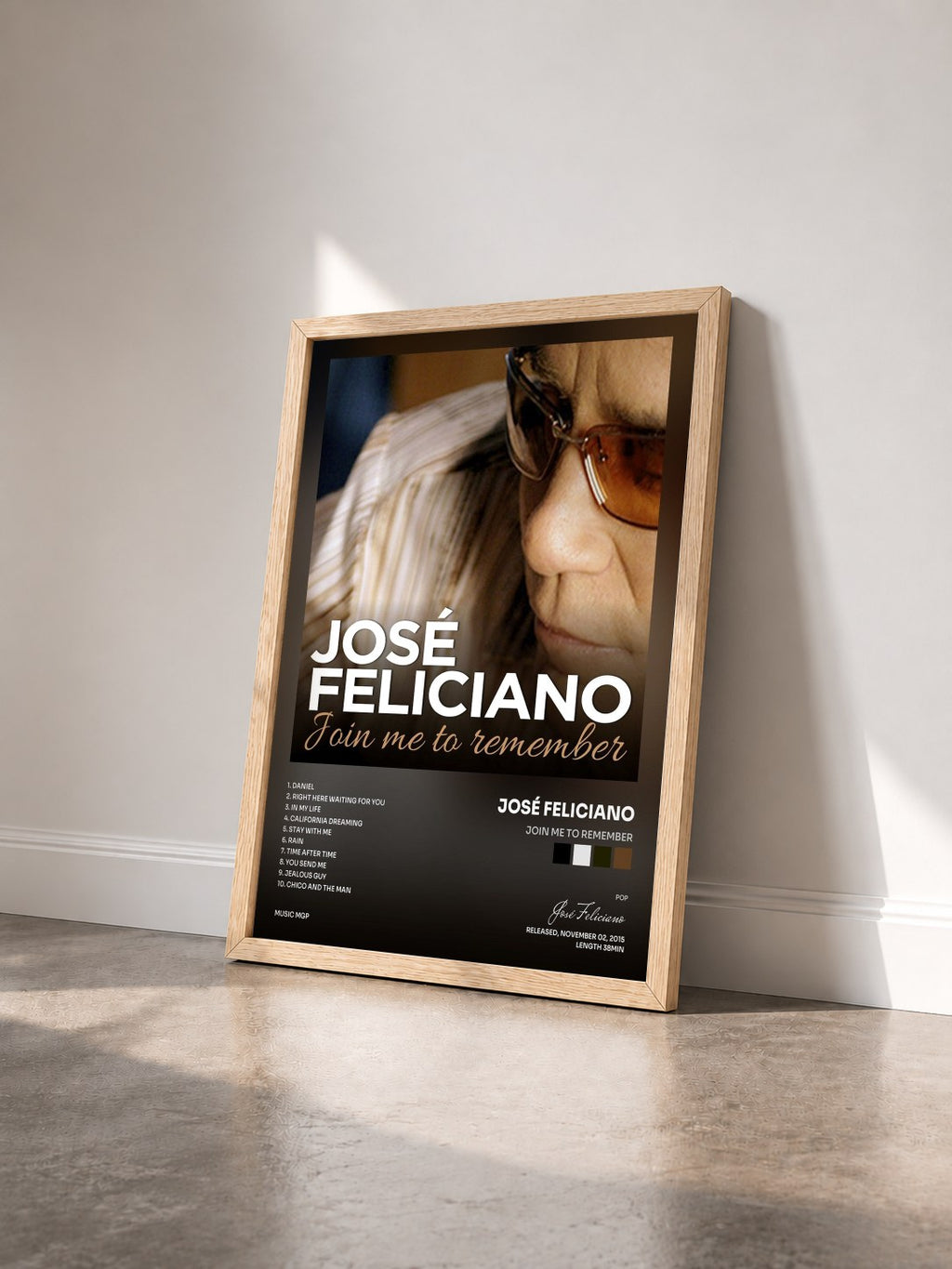 #bois Tableau de l'album Join Me to Remember de José Feliciano vu de trois quarts, cadre en bois brut