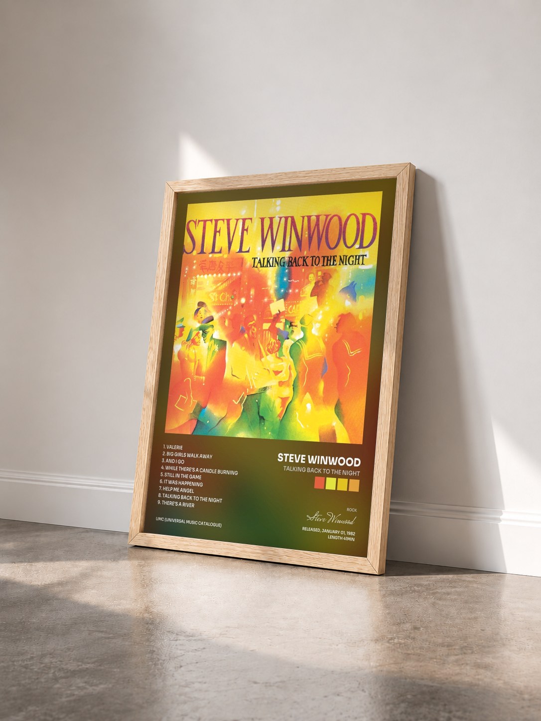 #bois Tableau de l'album Talking Back To The Night de Steve Winwood vu de trois quarts, cadre en bois brut