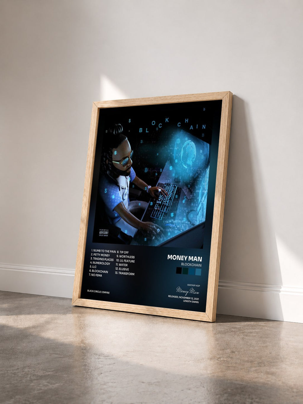 #bois Tableau de l'album Blockchain de Money Man vu de trois quarts, cadre en bois brut