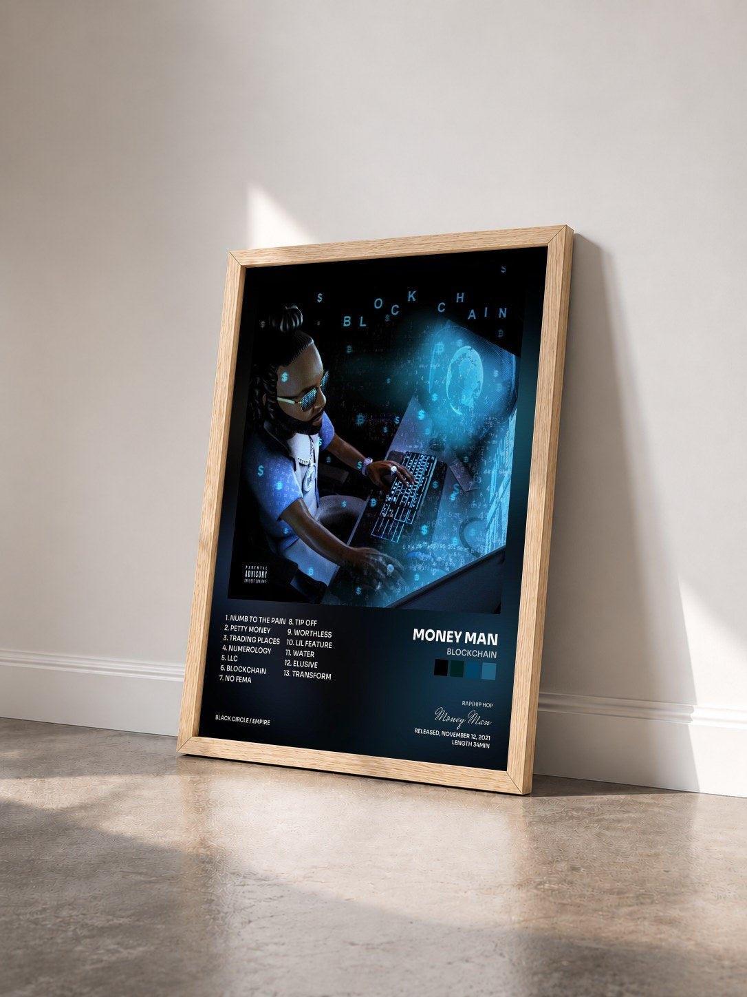 #bois Tableau de l'album Blockchain de Money Man vu de trois quarts, cadre en bois brut