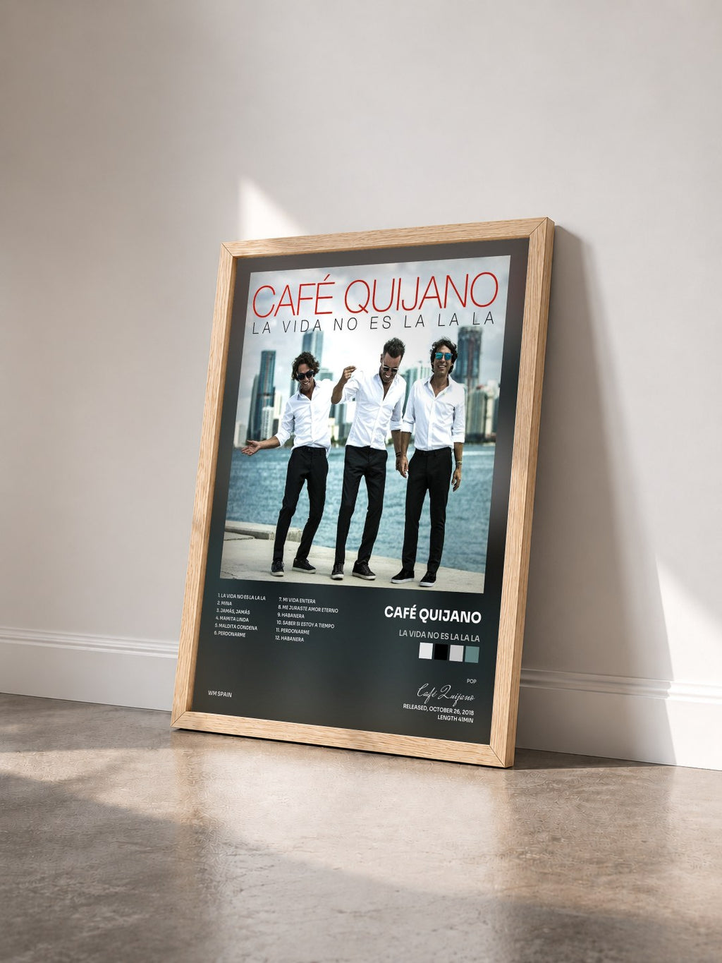 #bois Tableau de l'album La vida no es La la la de Café Quijano vu de trois quarts, cadre en bois brut