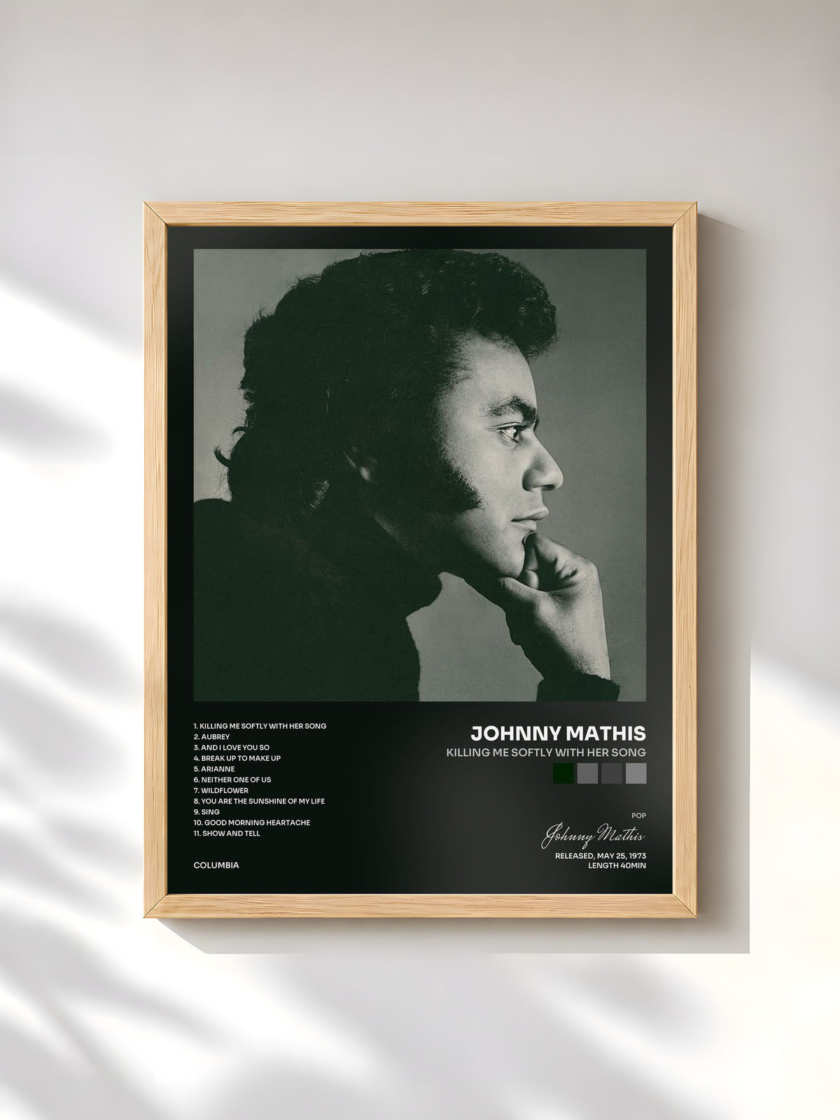 #bois Tableau de l'album Killing Me Softly with Her Song de Johnny Mathis, cadre en bois brut, imprimé et encadré en France