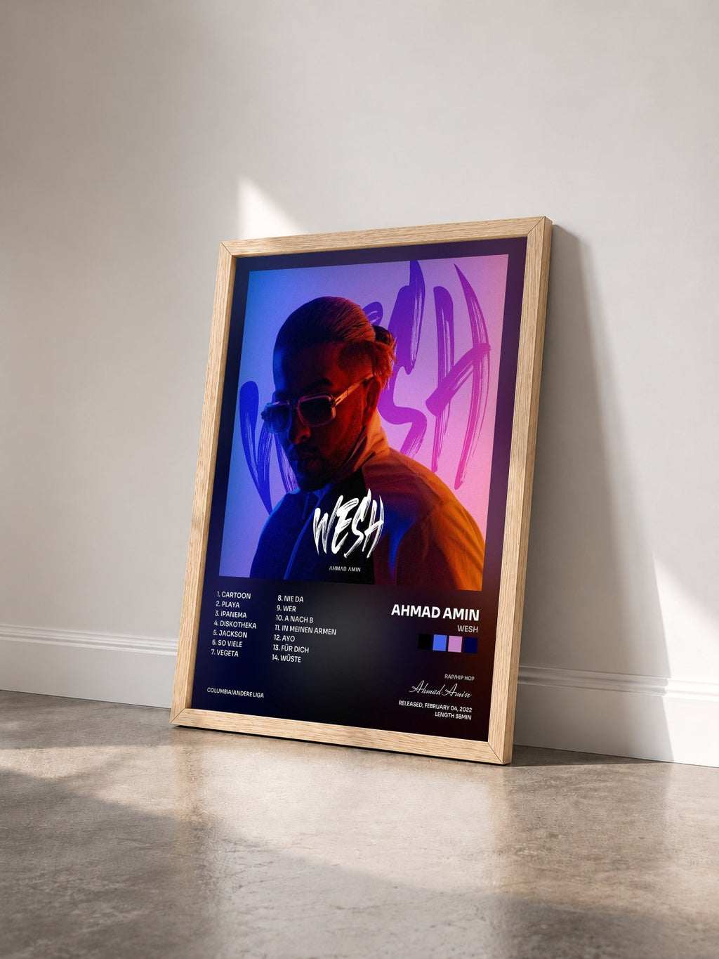 #bois Tableau de l'album WESH de Ahmad Amin vu de trois quarts, cadre en bois brut