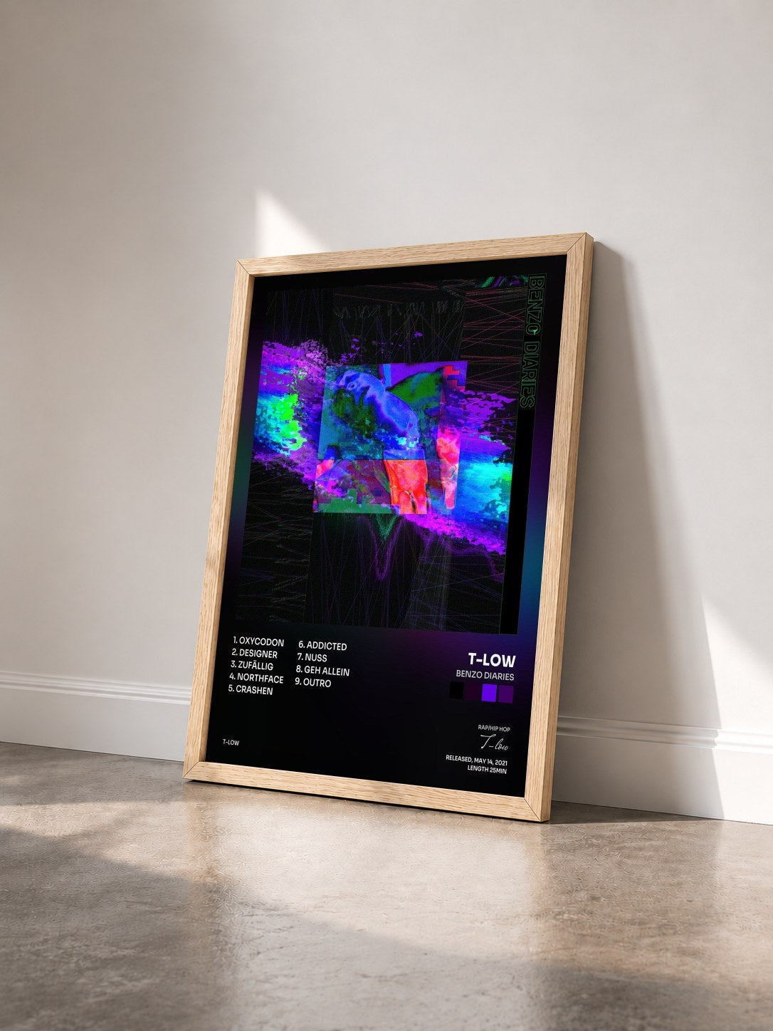 #bois Tableau de l'album Benzo Diaries de T-low vu de trois quarts, cadre en bois brut