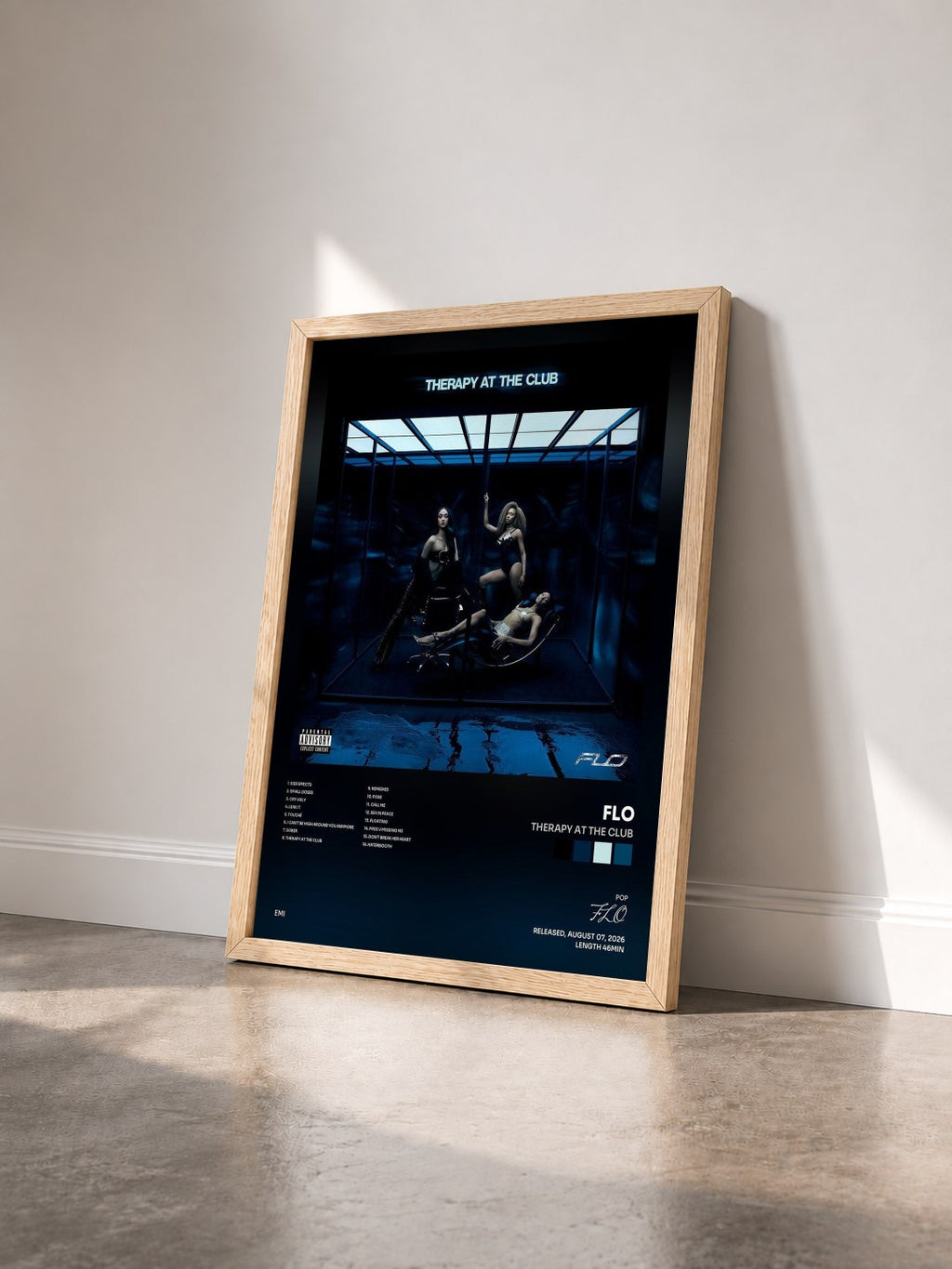 #bois Tableau de l'album THERAPY AT THE CLUB de FLO vu de trois quarts, cadre en bois brut