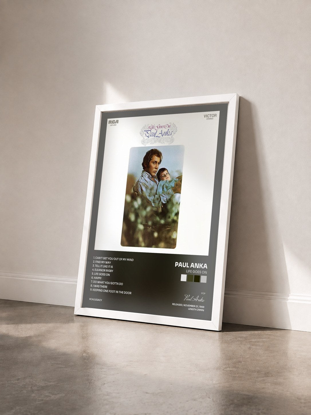#blanc Tableau de l'album Life Goes On de Paul Anka vu de trois quarts, cadre blanc