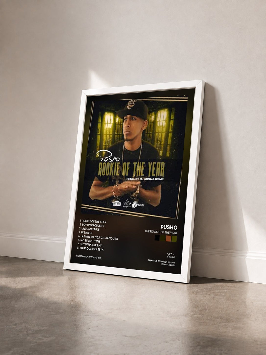 #blanc Tableau de l'album The Rookie of the Year de Pusho vu de trois quarts, cadre blanc