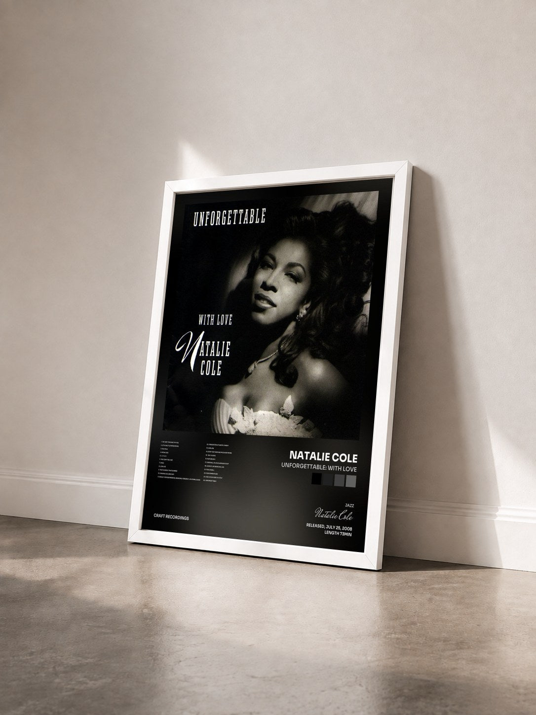 #blanc Tableau de l'album Unforgettable: With Love de Natalie Cole vu de trois quarts, cadre blanc