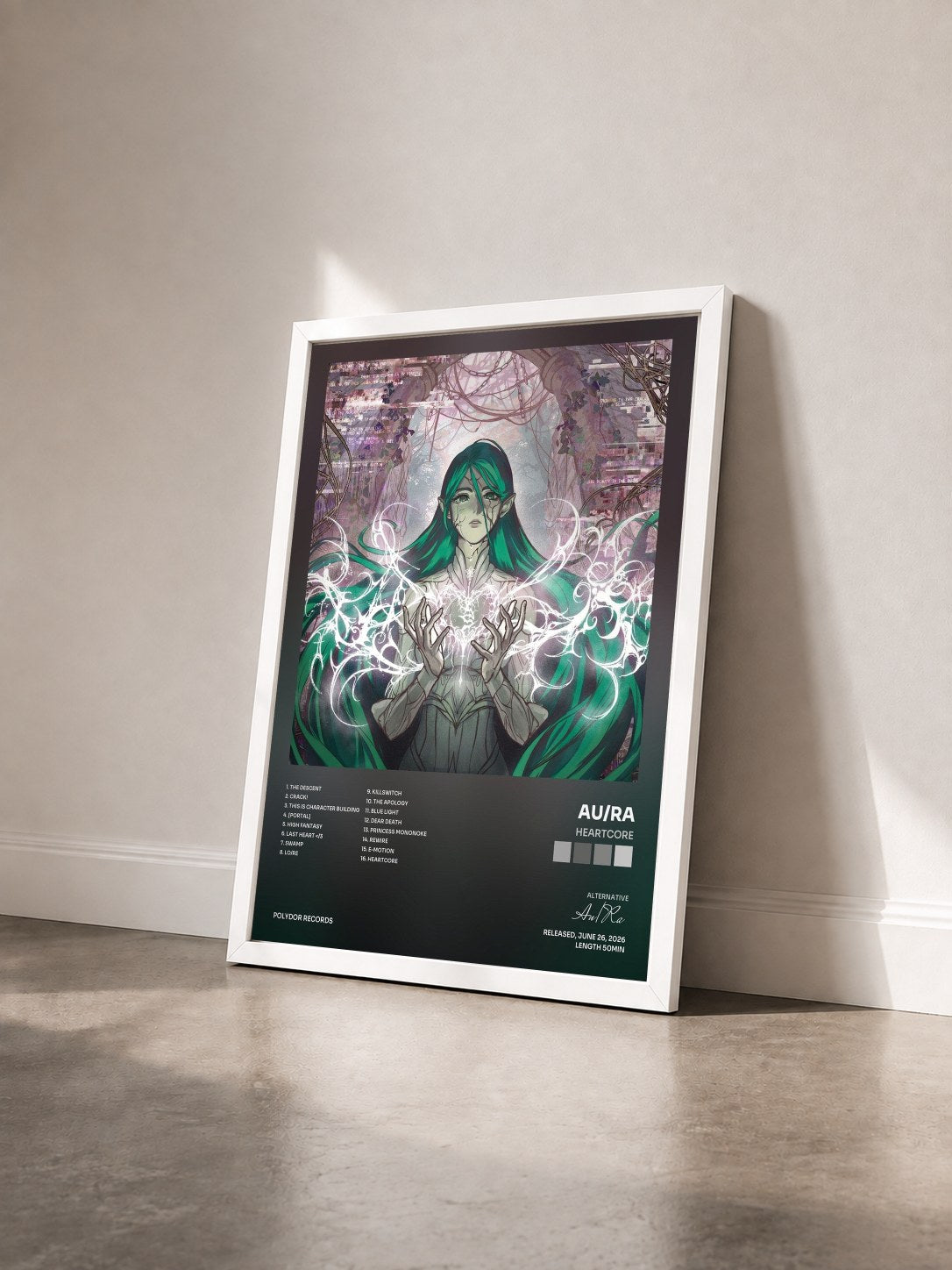 #blanc Tableau de l'album heartcore de Au/Ra vu de trois quarts, cadre blanc