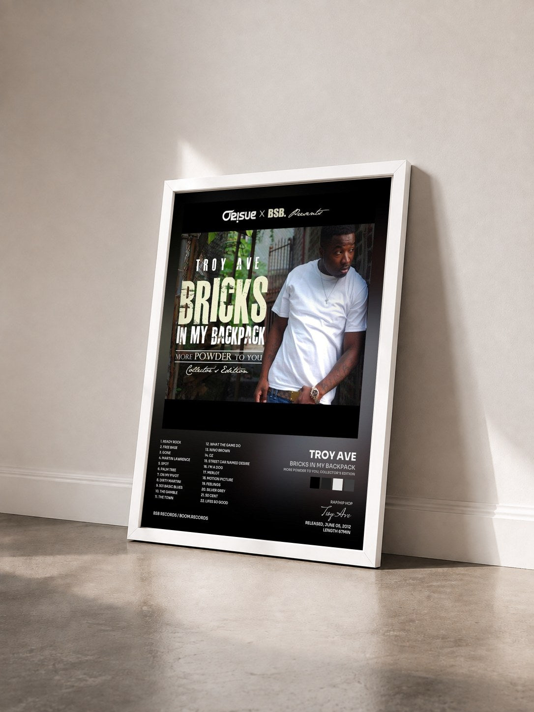 #blanc Tableau de l'album Bricks In My Backpack (More Powder To You, Collector's Edition) de Troy Ave vu de trois quarts, cadre blanc