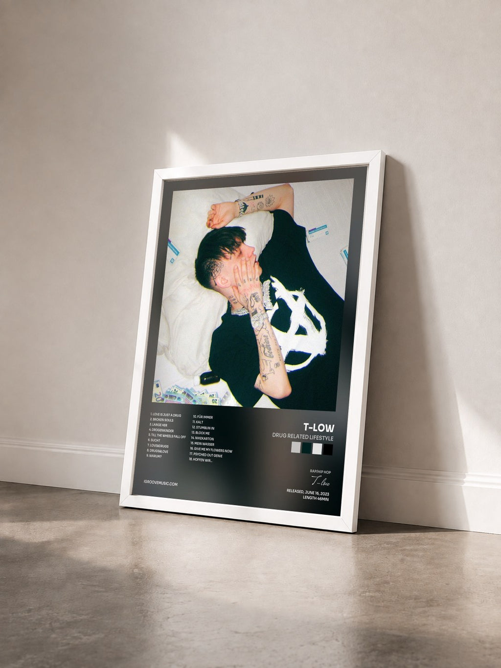 #blanc Tableau de l'album Drug Related Lifestyle de T-low vu de trois quarts, cadre blanc