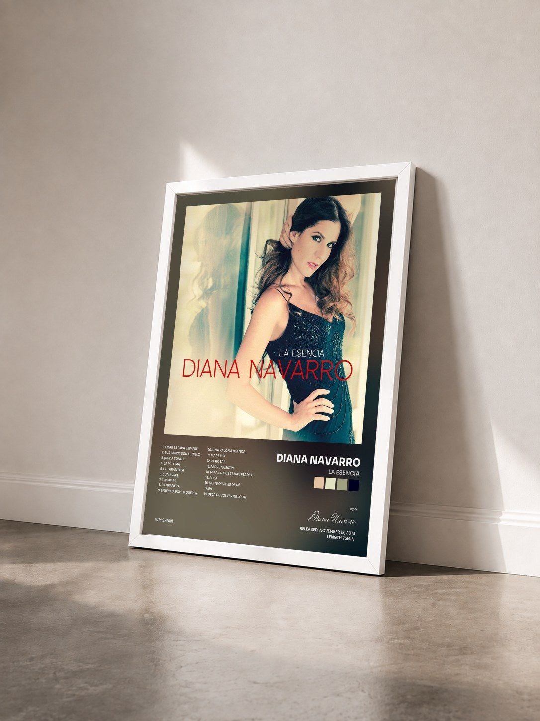 #blanc Tableau de l'album La Esencia de Diana Navarro vu de trois quarts, cadre blanc