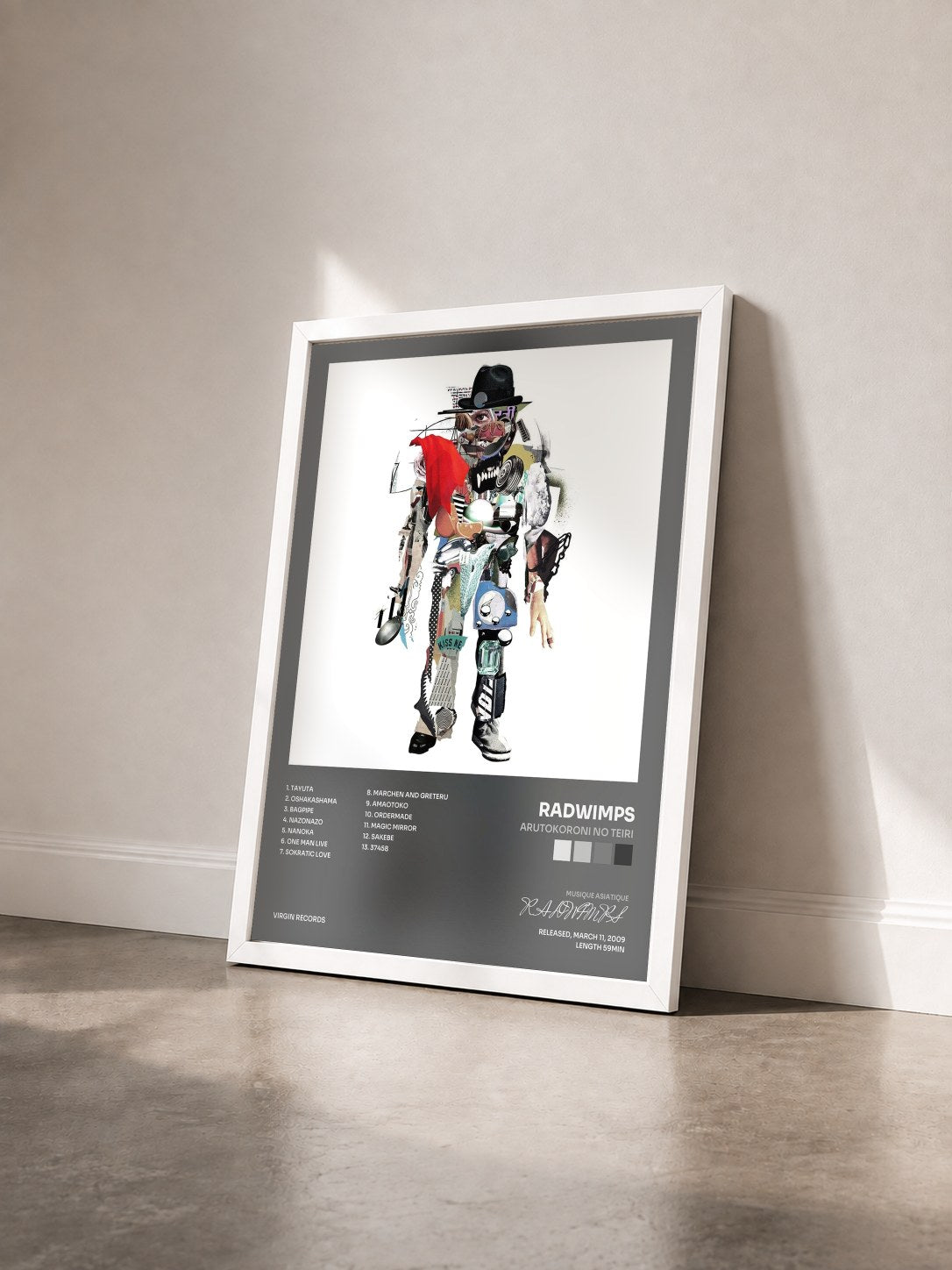 #blanc Tableau de l'album Arutokoroni no Teiri de RADWIMPS vu de trois quarts, cadre blanc